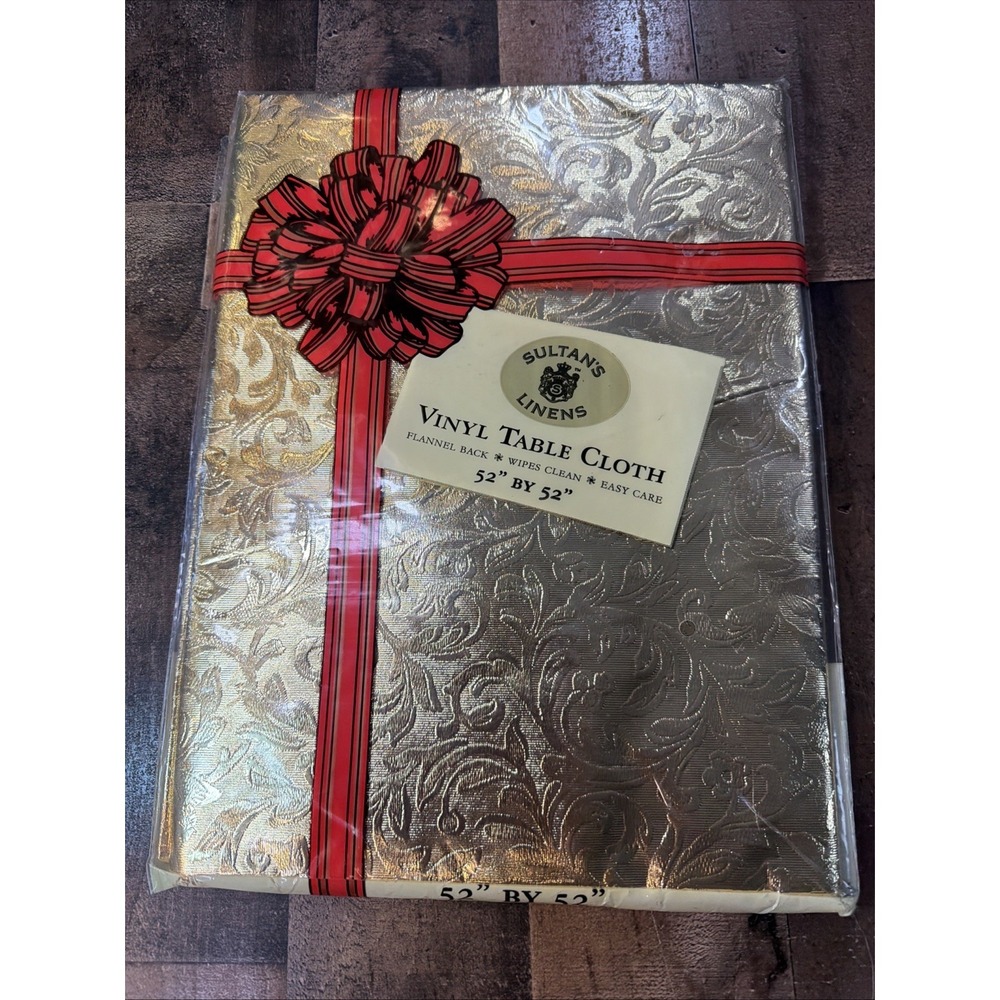 Sultans Linens Vintage Vinyl Flannel Tablecloth 52" x 52" Holiday Christmas GOLD